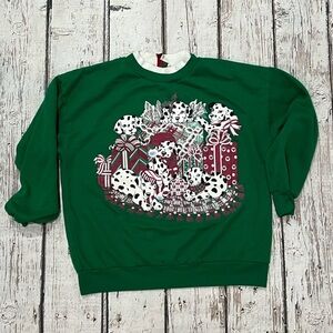 Vintage 80s Nutcracker Green Dalmations Dog Animal Print Christmas Sweatshirt